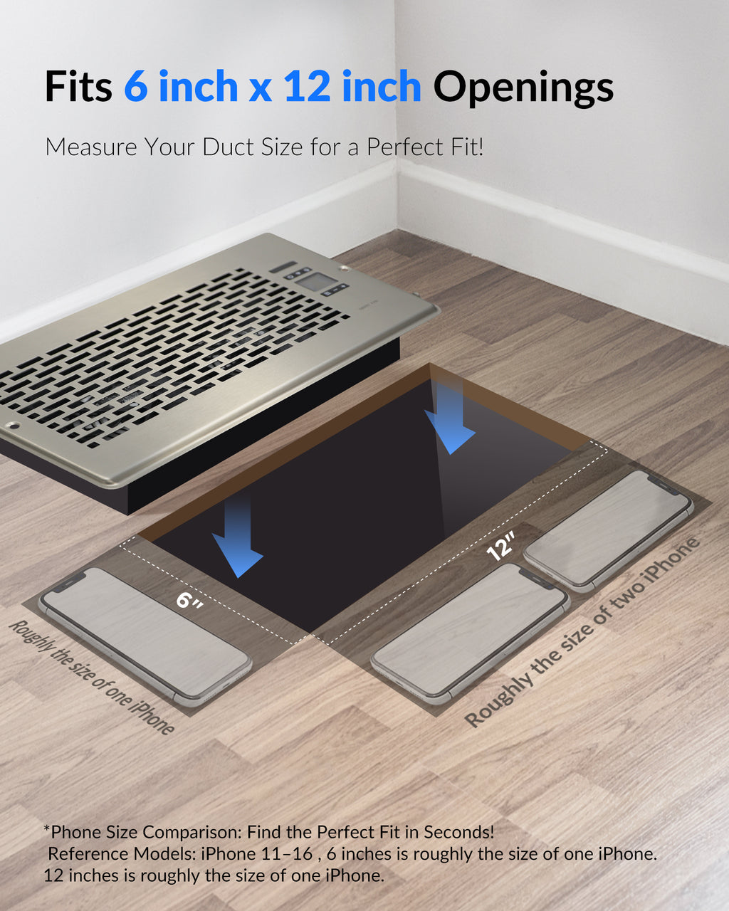 Quiet Register Booster Fan with Upgraded Thermostat Control 6" x 12" Smart Vent Fan Booster -AC Vent Booster Fan for Quickly Adjusts Room Heating and Cooling - Manhattan Design - Satin Nickel