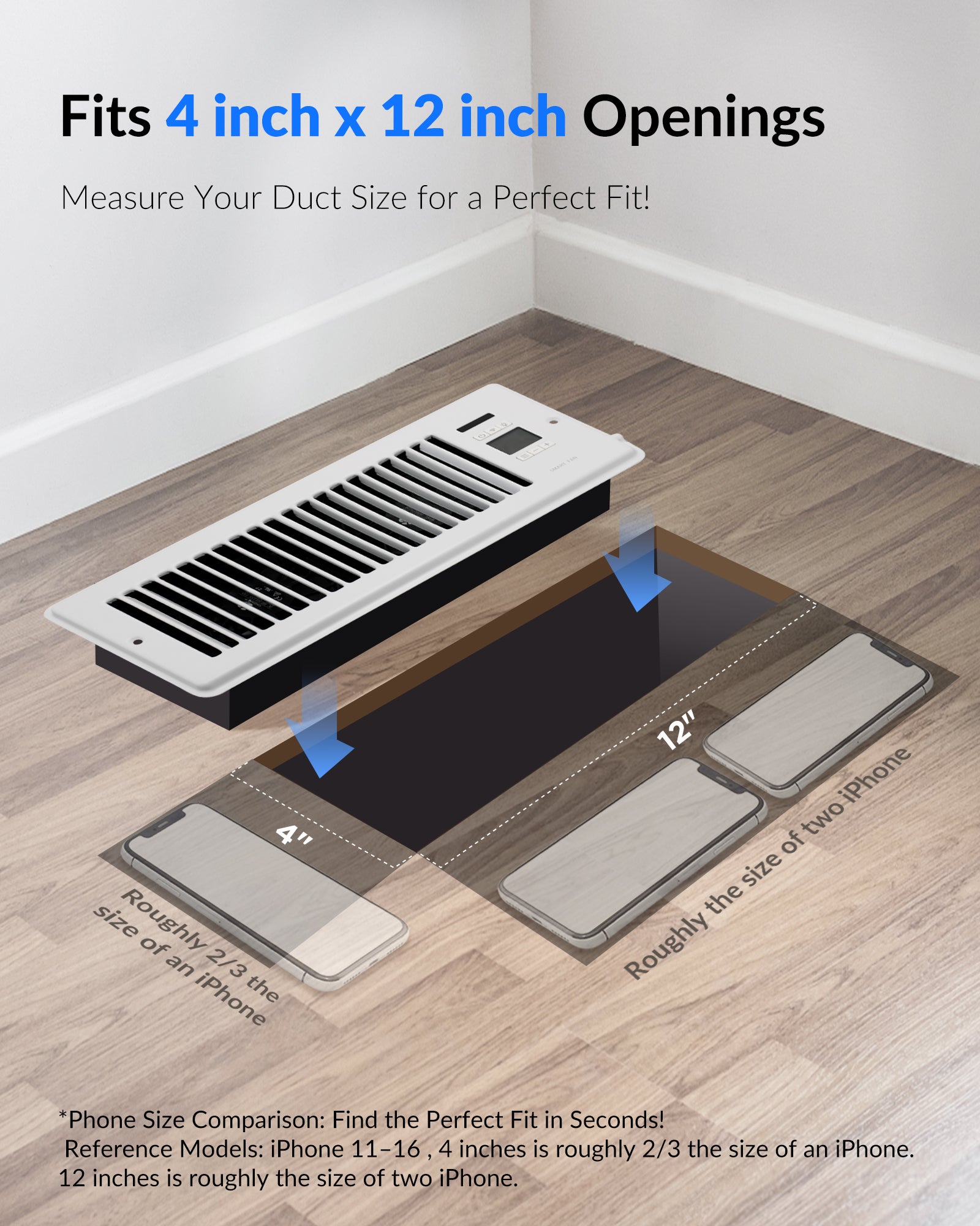 Super Quiet Register Booster Fan for 4" x 12" Register Holes, Smart Vent with Dual Intelligent Thermostat and WIFI App Control, Heating Cooling AC Vent Fan (White)