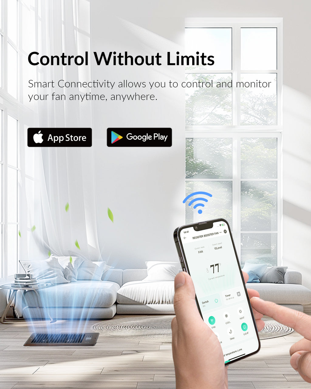 Super Quiet Register Booster Fan for 4" x 12" Register Holes, Smart Register Vent with Dual Intelligent Thermostat and WIFI App Control, Heating Cooling AC Vent Fan (ORB)