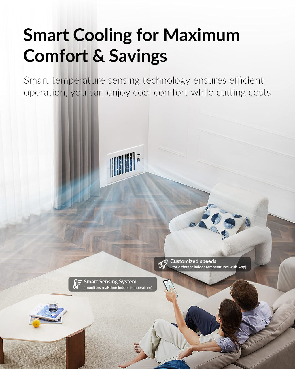 Super Quiet Register Booster Fan for 6" x 10" Register Holes, Smart Register Vent with Dual Intelligent Thermostat and WIFI App Control, Heating Cooling AC Vent Fan (White)