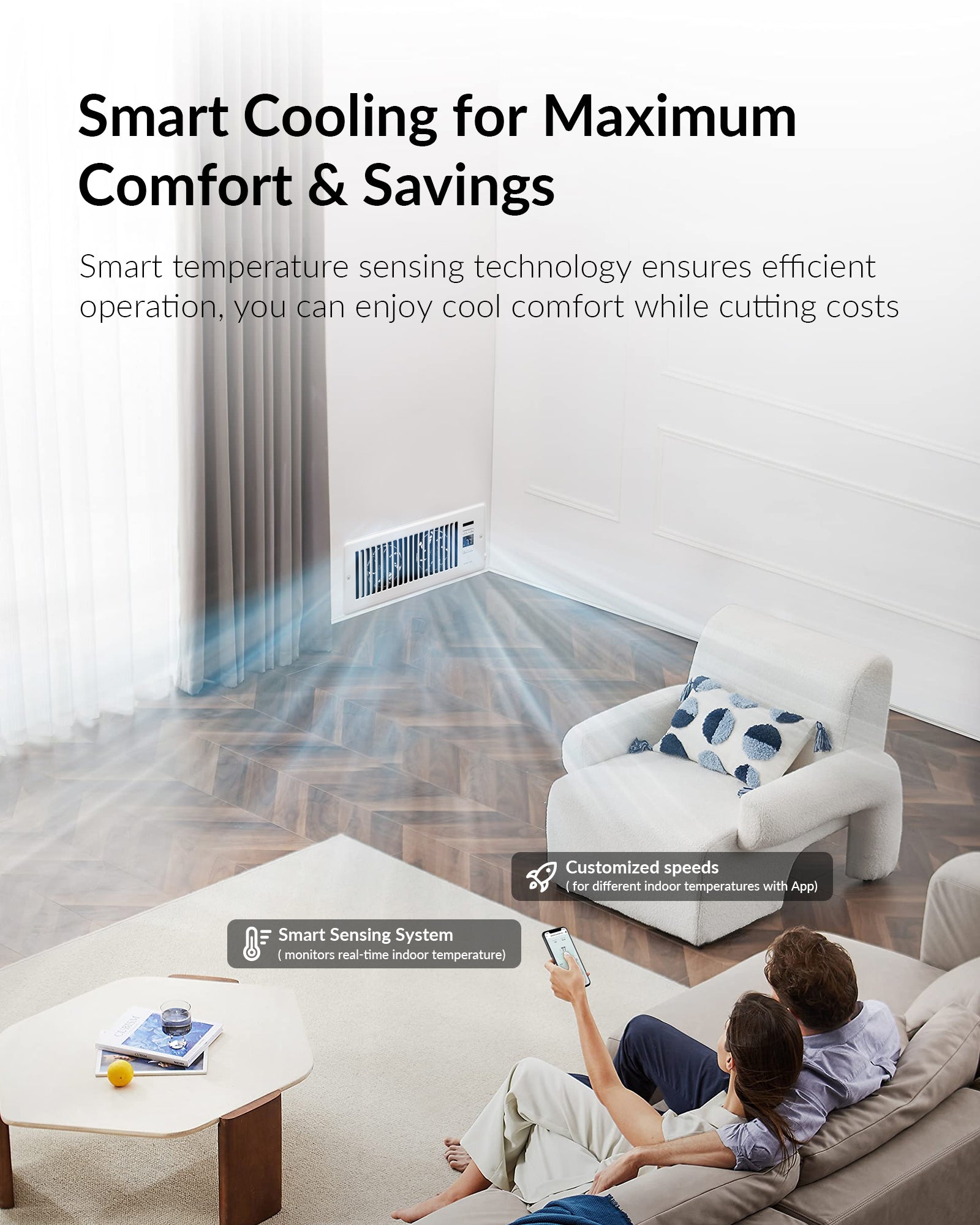 Super Quiet Register Booster Fan for 4" x 12" Register Holes, Smart Vent with Dual Intelligent Thermostat and WIFI App Control, Heating Cooling AC Vent Fan (White)