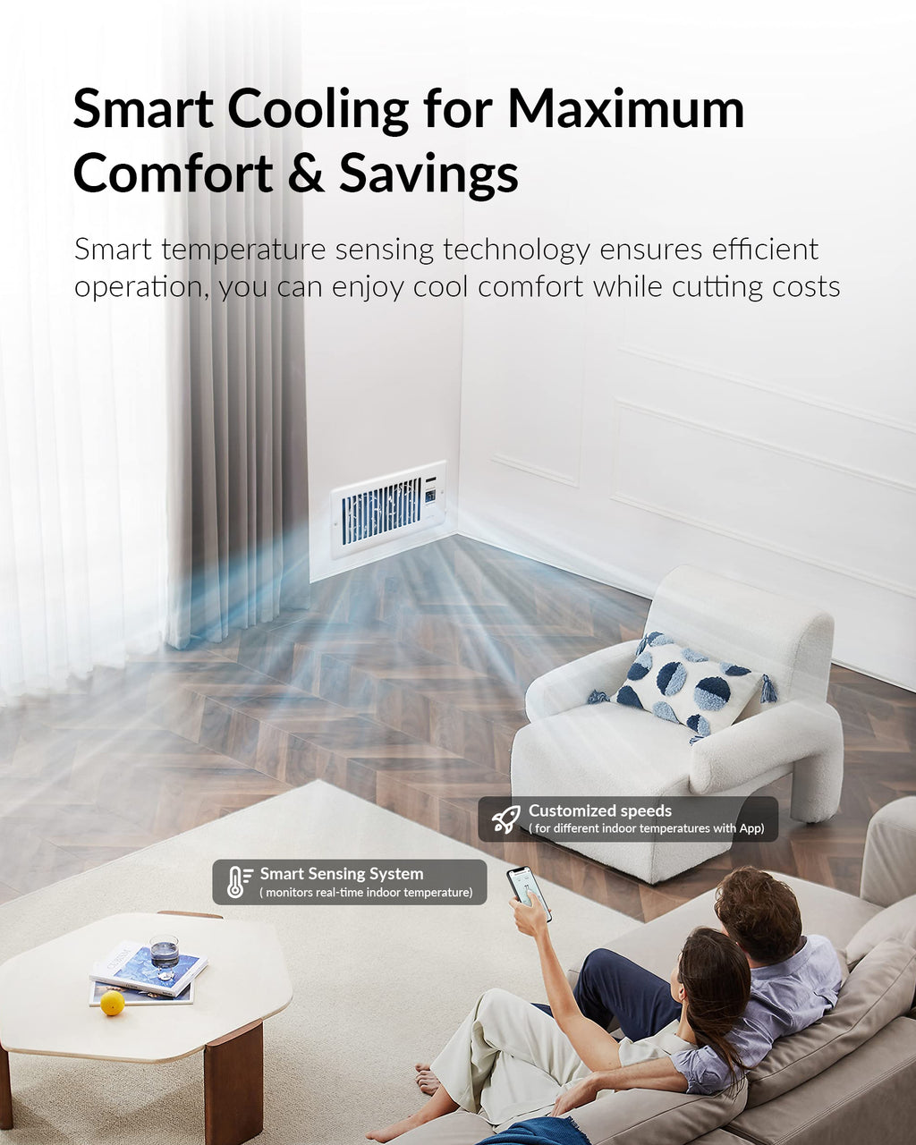 Super Quiet Register Booster Fan for 4" x 10" Register Holes, Smart Register Vent with Dual Intelligent Thermostat and WIFI App Control, Heating Cooling AC Vent Fan (White)