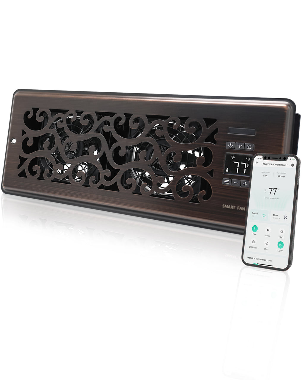 Register Booster Fan for 4" x 12" Register Holes, Quiet Vent Fan Booster with Intelligent Thermostat, Improves Heating Cooling, App Control, 10-Speeds, Charleston Smart Register Vent, ORB
