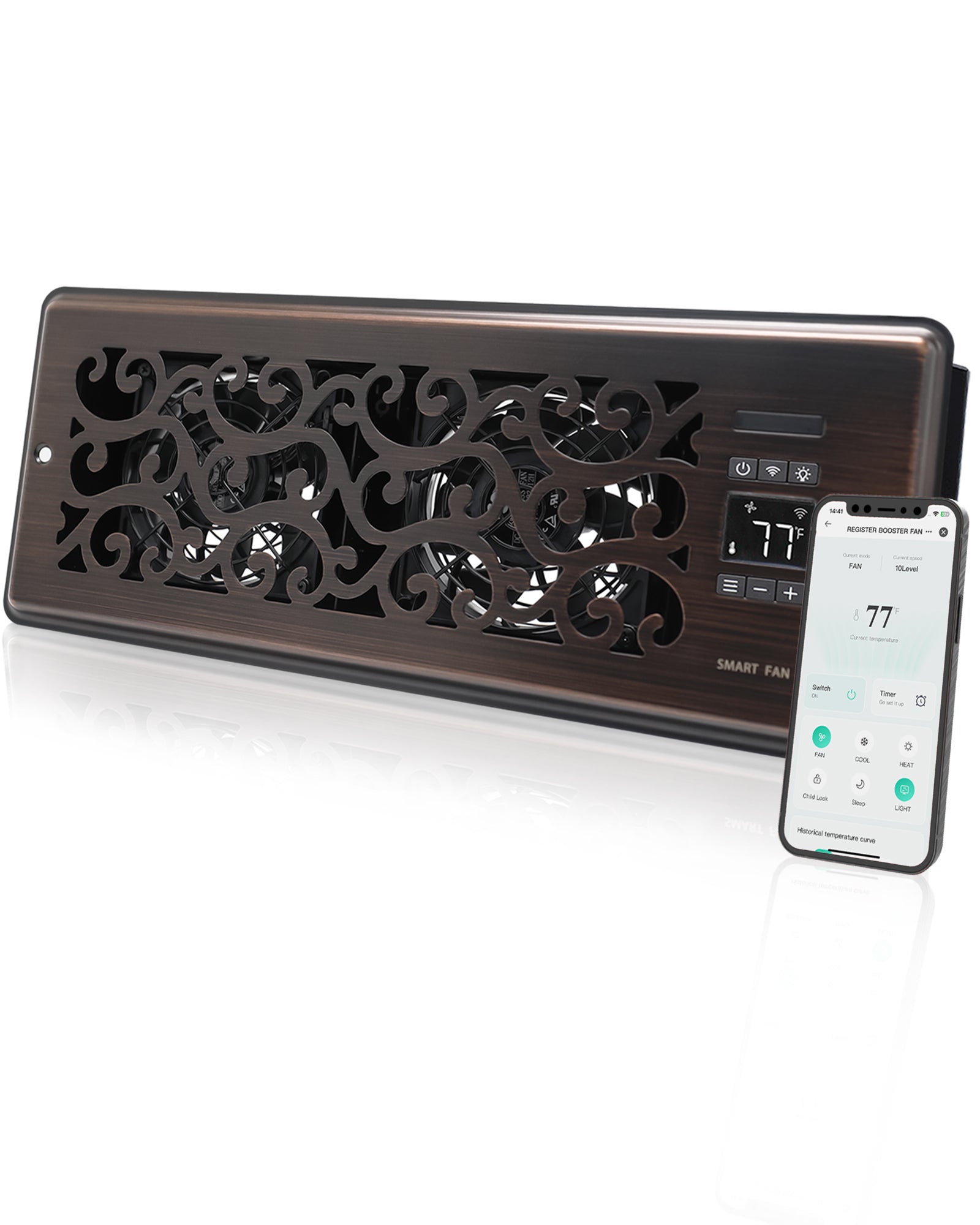 Register Booster Fan for 4" x 12" Register Holes, Quiet Vent Fan Booster with Intelligent Thermostat, Improves Heating Cooling, App Control, 10-Speeds, Charleston Smart Register Vent, ORB