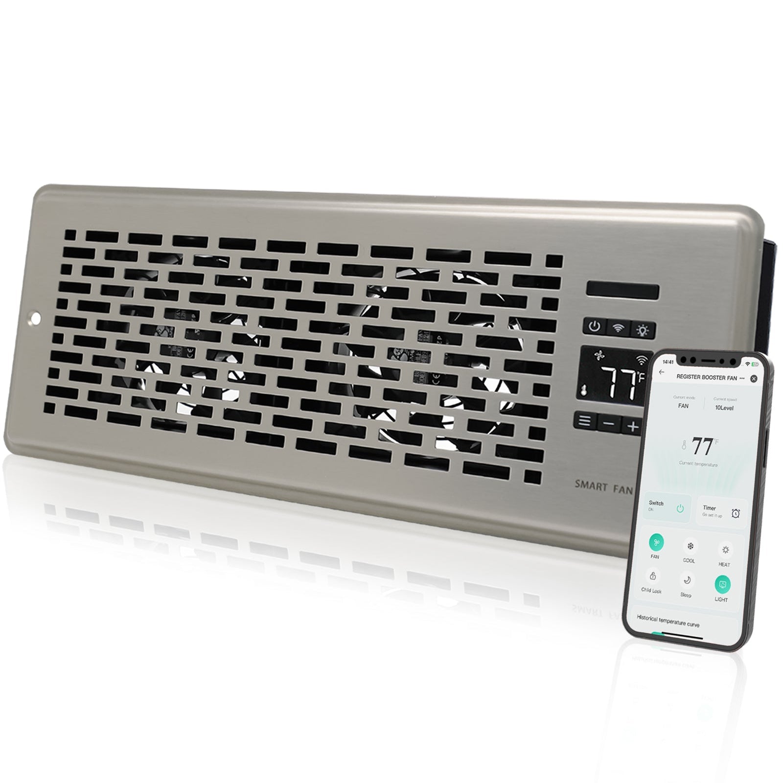 Register Booster Fan for 4" x 12" Register Holes, Quiet Vent Fan Booster with Intelligent Thermostat, Improves Heating Cooling, App Control, 10-Speeds, Manhattan Smart Register Vent, SN