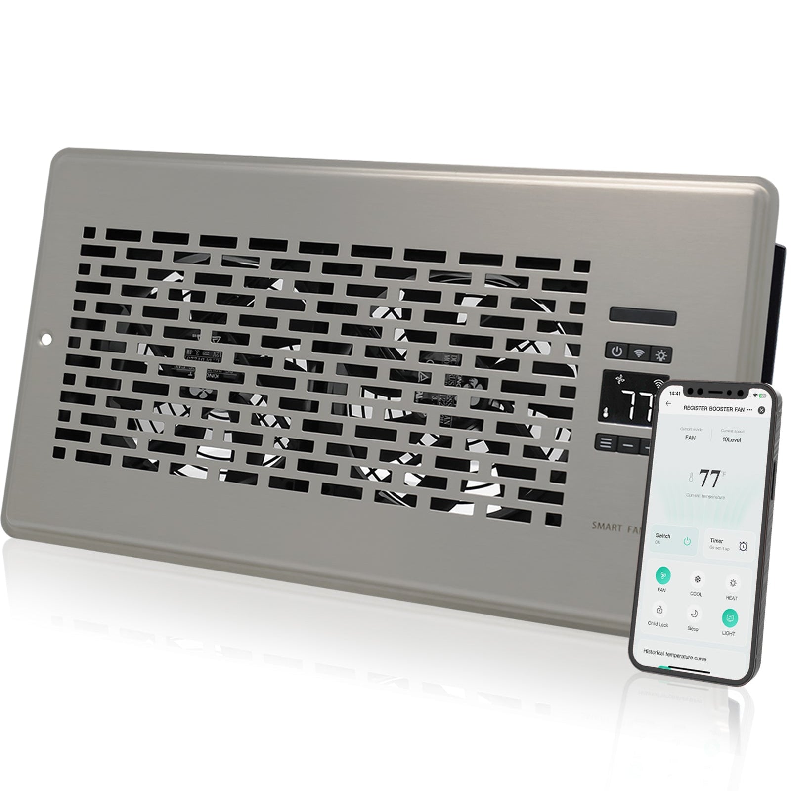 Quiet Register Booster Fan with Upgraded Thermostat Control 6" x 12" Smart Vent Fan Booster -AC Vent Booster Fan for Quickly Adjusts Room Heating and Cooling - Manhattan Design - Satin Nickel