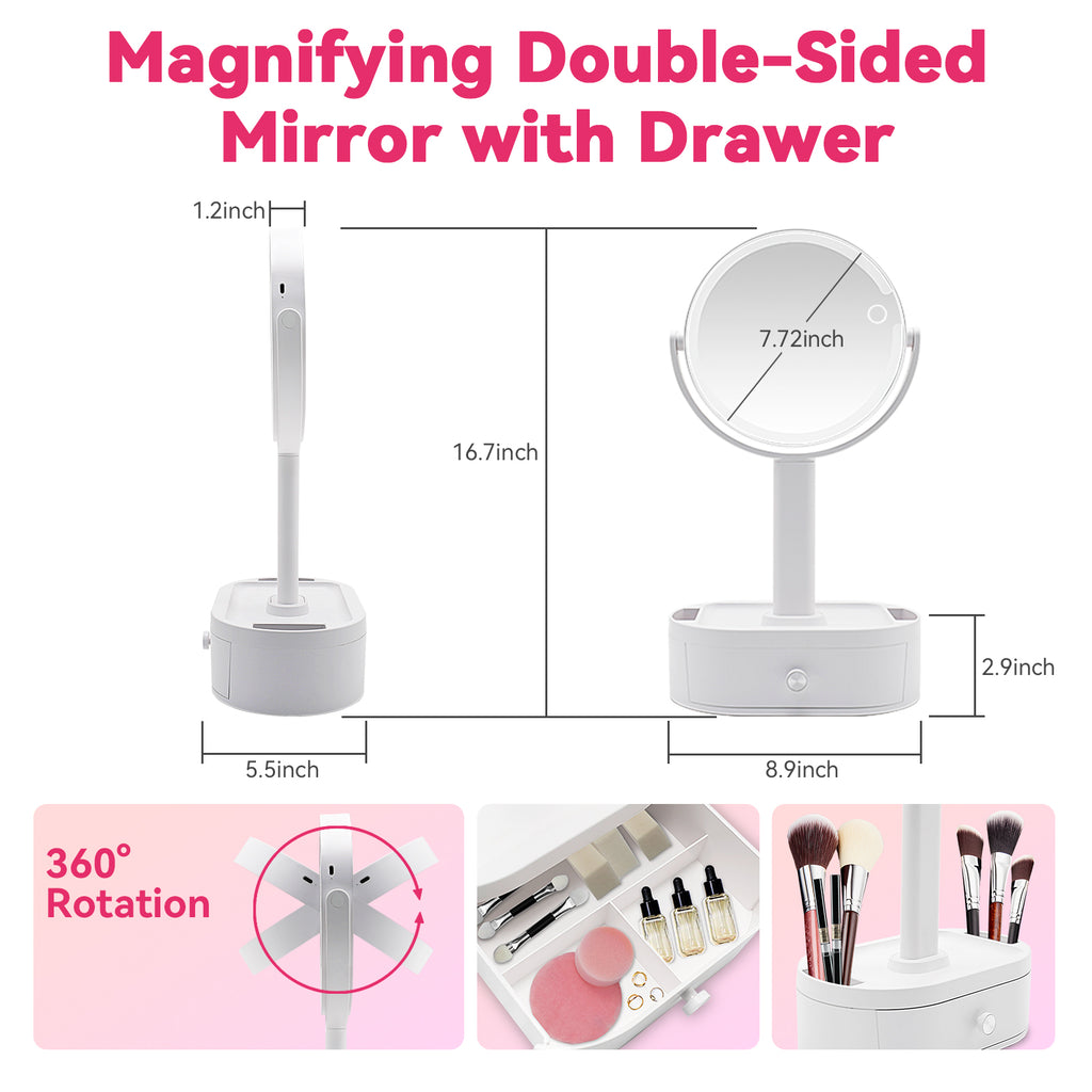 Premium LED Lighted Makeup Mirror with Storage Box – Desktop Vanity Mirror for Home & Student Dormitories | Rechargeable, All-in-One Design