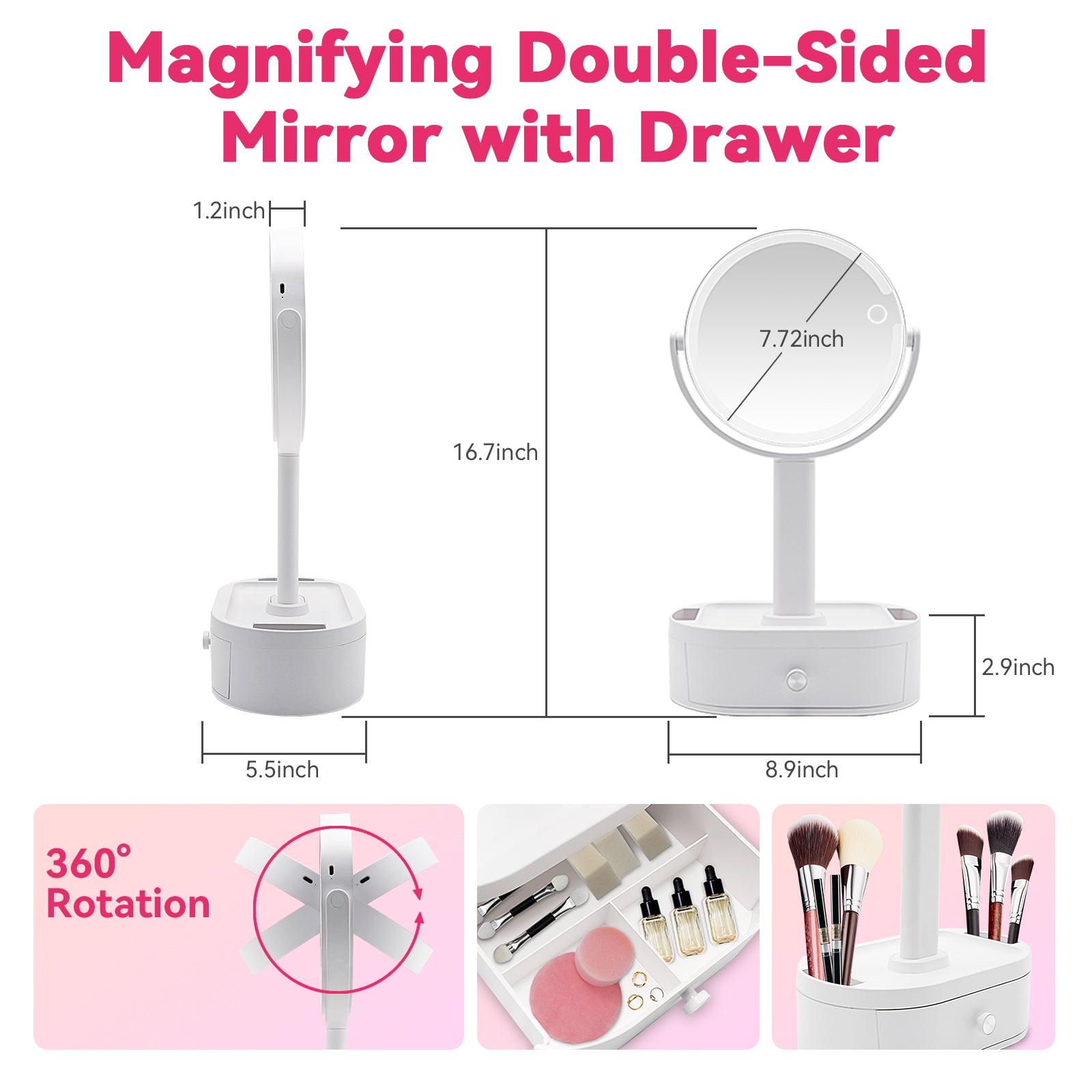 Premium LED Lighted Makeup Mirror with Storage Box – Desktop Vanity Mirror for Home & Student Dormitories | Rechargeable, All-in-One Design