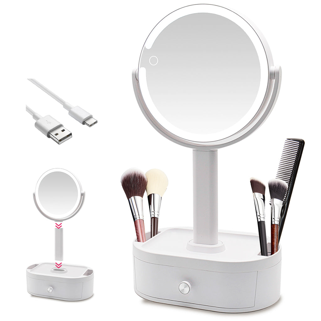 Premium LED Lighted Makeup Mirror with Storage Box – Desktop Vanity Mirror for Home & Student Dormitories | Rechargeable, All-in-One Design
