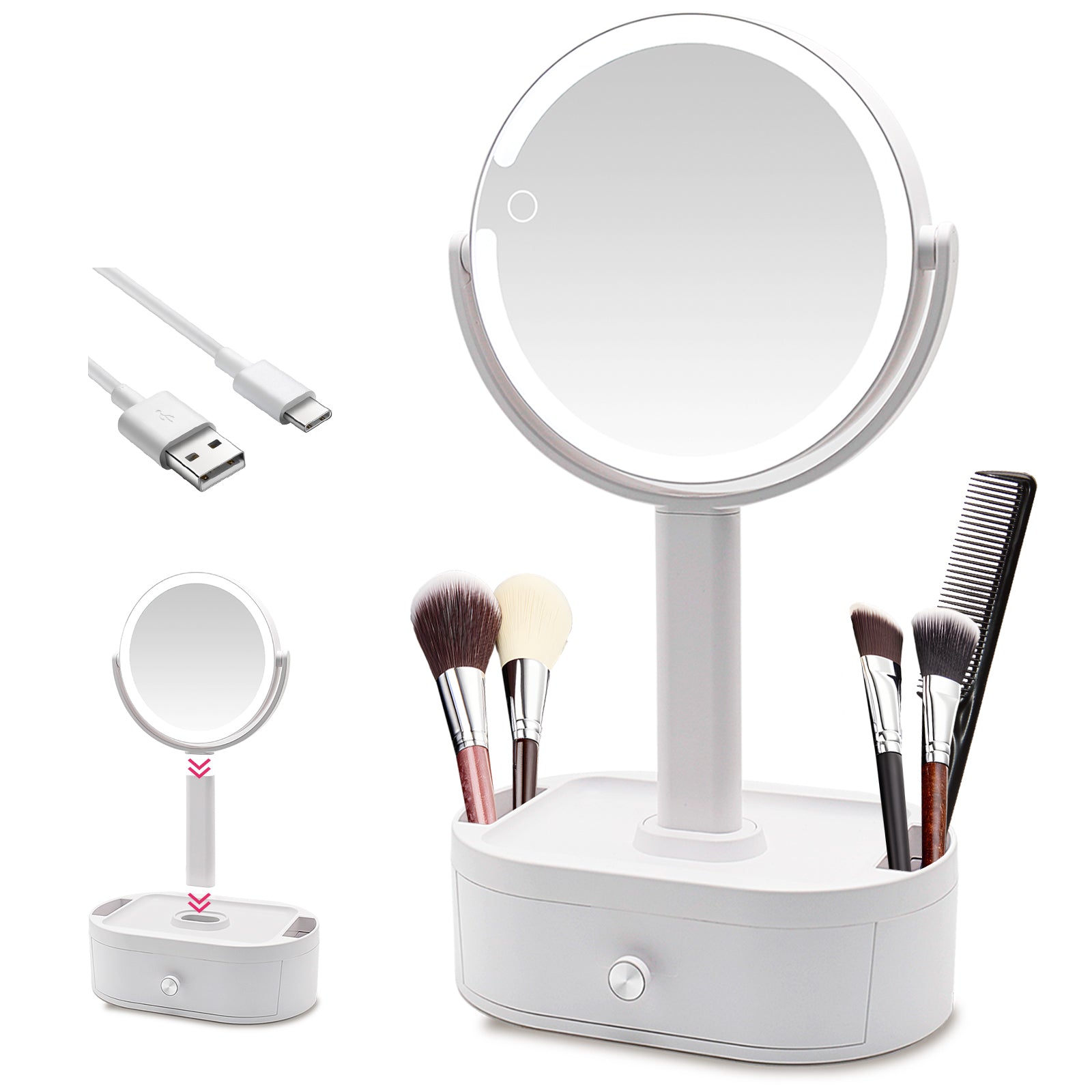 Premium LED Lighted Makeup Mirror with Storage Box – Desktop Vanity Mirror for Home & Student Dormitories | Rechargeable, All-in-One Design