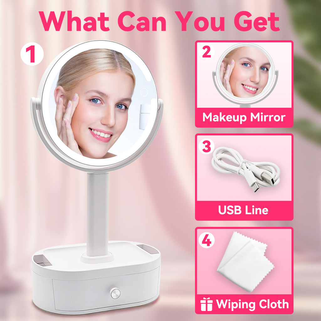 Premium LED Lighted Makeup Mirror with Storage Box – Desktop Vanity Mirror for Home & Student Dormitories | Rechargeable, All-in-One Design