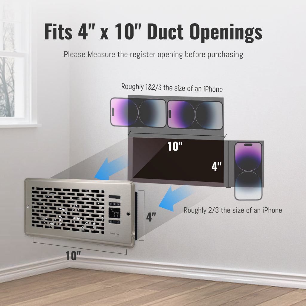 Register Booster Fan for 4" x 10" Register Holes, Quiet Vent Fan Booster with Intelligent Thermostat, Improves Heating Cooling, App Control, 10-Speeds, Manhattan Smart Register Vent, SN