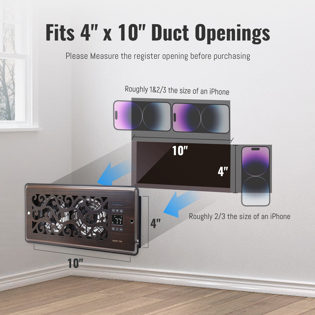 Vent Fan Booster 4" x 10" Quiet Register Booster Fan with Upgraded Thermostat Control - Charleston Design - Enhance Airflow for Heating, Cooling in Room - Oil Rubbed Bronze
