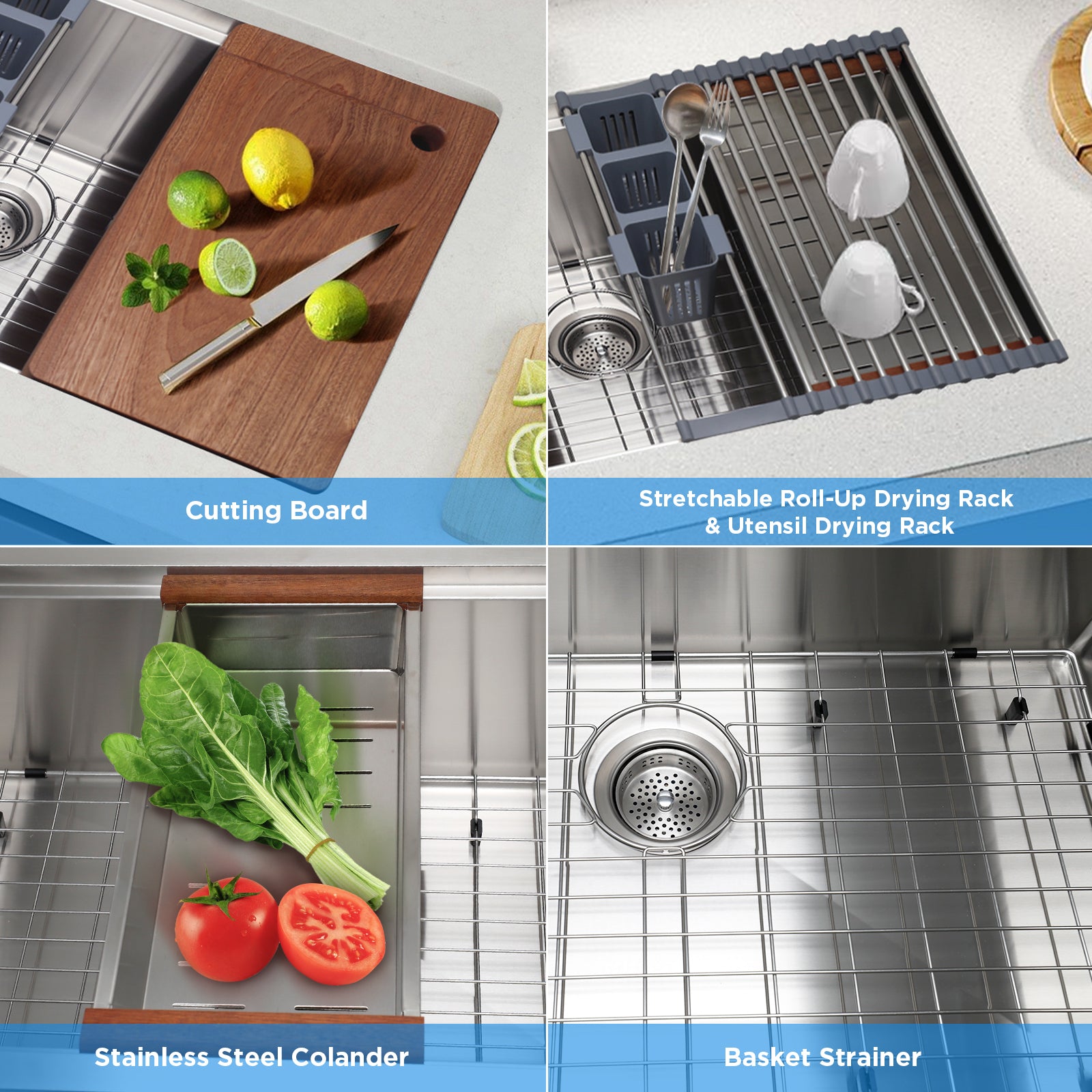 32" x 19" Multifunctional Undermount Workstation Kitchen Sink S304 Stainless Steel Handmade Modern Single Bowl Kitchen Sink with Accessories and Integrated