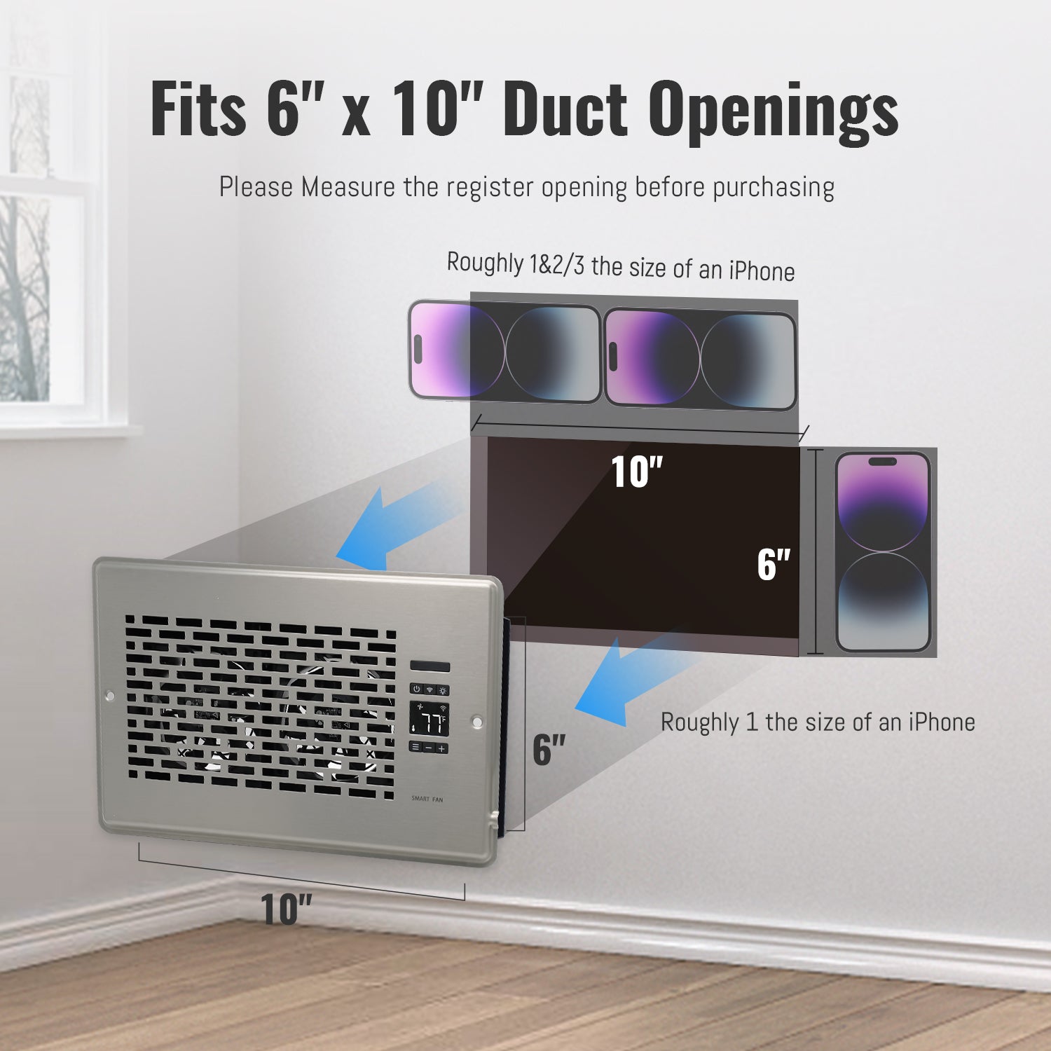 Register Booster Fan for 6" x 10" Register Holes, Quiet Vent Fan Booster with Intelligent Thermostat, Improves Heating Cooling, App Control, 10-Speeds, Manhattan Smart Register Vent, SN