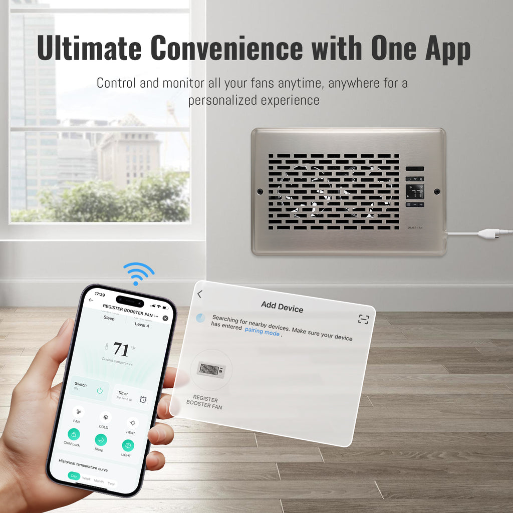 Register Booster Fan for 6" x 10" Register Holes, Quiet Vent Fan Booster with Intelligent Thermostat, Improves Heating Cooling, App Control, 10-Speeds, Manhattan Smart Register Vent, SN