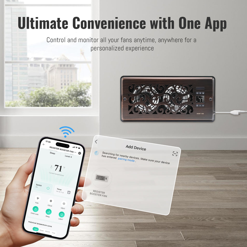 Vent Fan Booster 4" x 10" Quiet Register Booster Fan with Upgraded Thermostat Control - Charleston Design - Enhance Airflow for Heating, Cooling in Room - Oil Rubbed Bronze