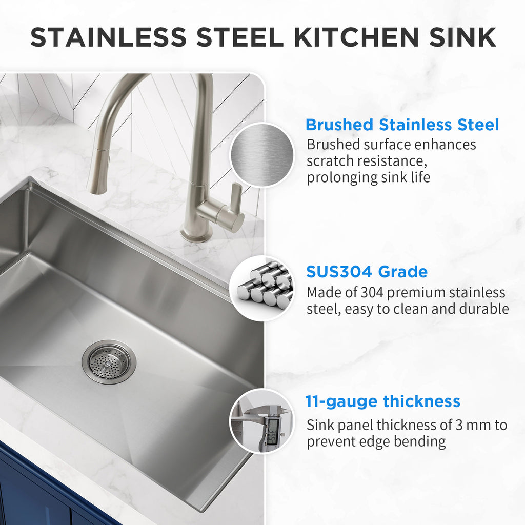 33 Inch Undermount Kitchen Sink with Quiet Drain - 11 Gauge Stainless Steel Sink Single Bowl - Multifunctional Handmade Modern Integrated Ledge Workstation