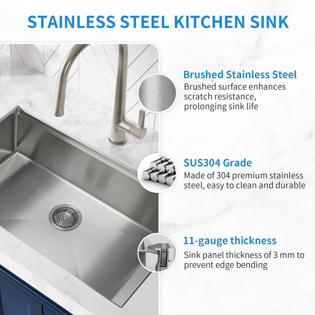 32" x 19" Multifunctional Undermount Workstation Kitchen Sink S304 Stainless Steel Handmade Modern Single Bowl Kitchen Sink with Accessories and Integrated