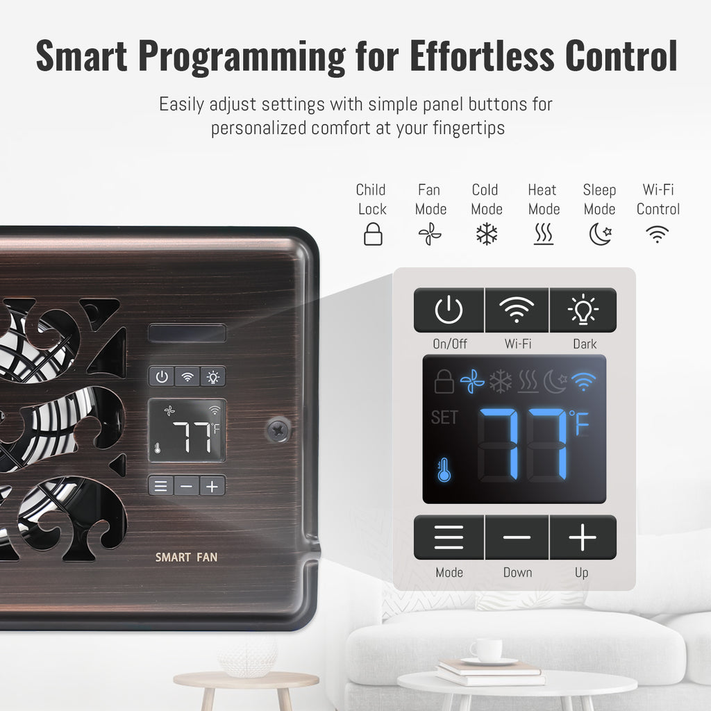 Vent Fan Booster 4" x 10" Quiet Register Booster Fan with Upgraded Thermostat Control - Charleston Design - Enhance Airflow for Heating, Cooling in Room - Oil Rubbed Bronze