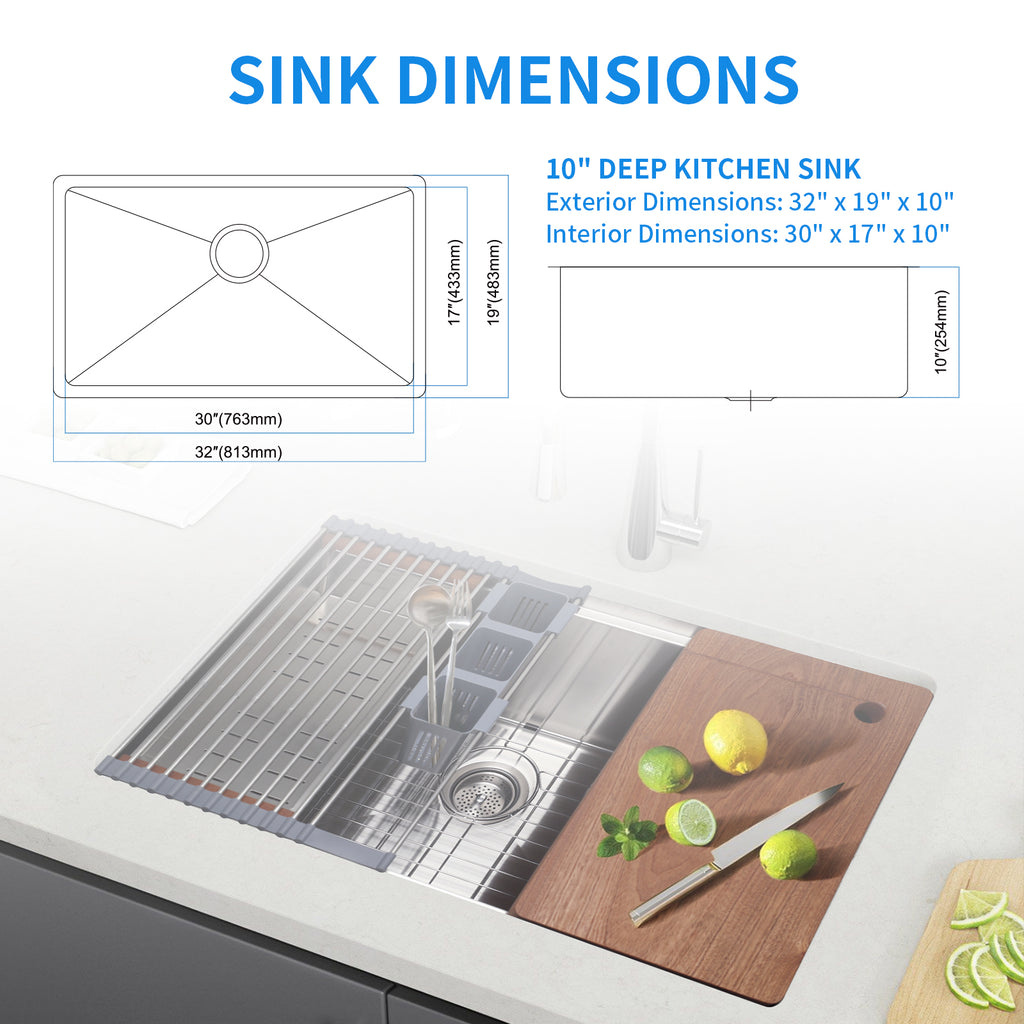 32" x 19" Multifunctional Undermount Workstation Kitchen Sink S304 Stainless Steel Handmade Modern Single Bowl Kitchen Sink with Accessories and Integrated