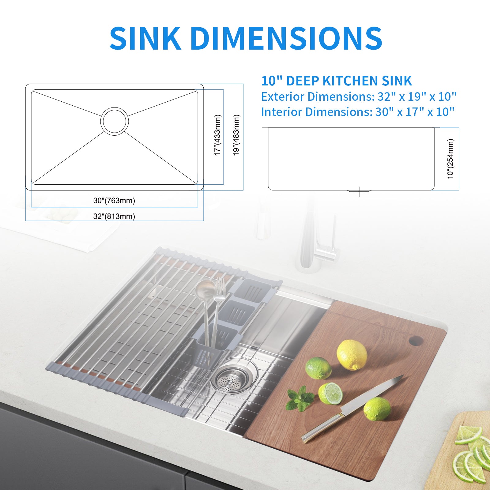 32" x 19" Multifunctional Undermount Workstation Kitchen Sink S304 Stainless Steel Handmade Modern Single Bowl Kitchen Sink with Accessories and Integrated