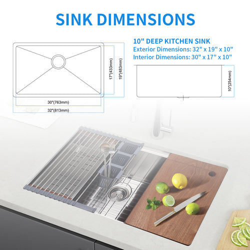 32" x 19" Multifunctional Undermount Workstation Kitchen Sink S304 Stainless Steel Handmade Modern Single Bowl Kitchen Sink with Accessories and Integrated