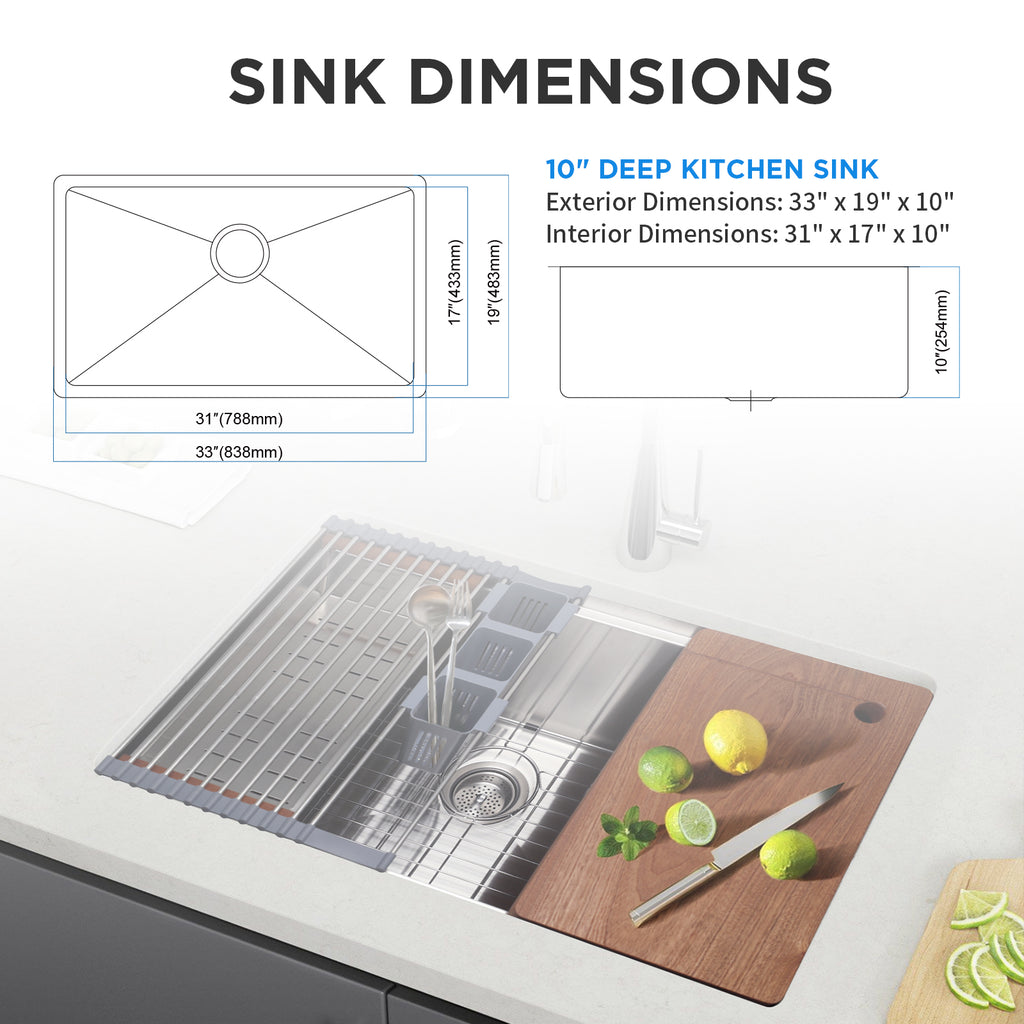 33 Inch Undermount Kitchen Sink with Quiet Drain - 11 Gauge Stainless Steel Sink Single Bowl - Multifunctional Handmade Modern Integrated Ledge Workstation