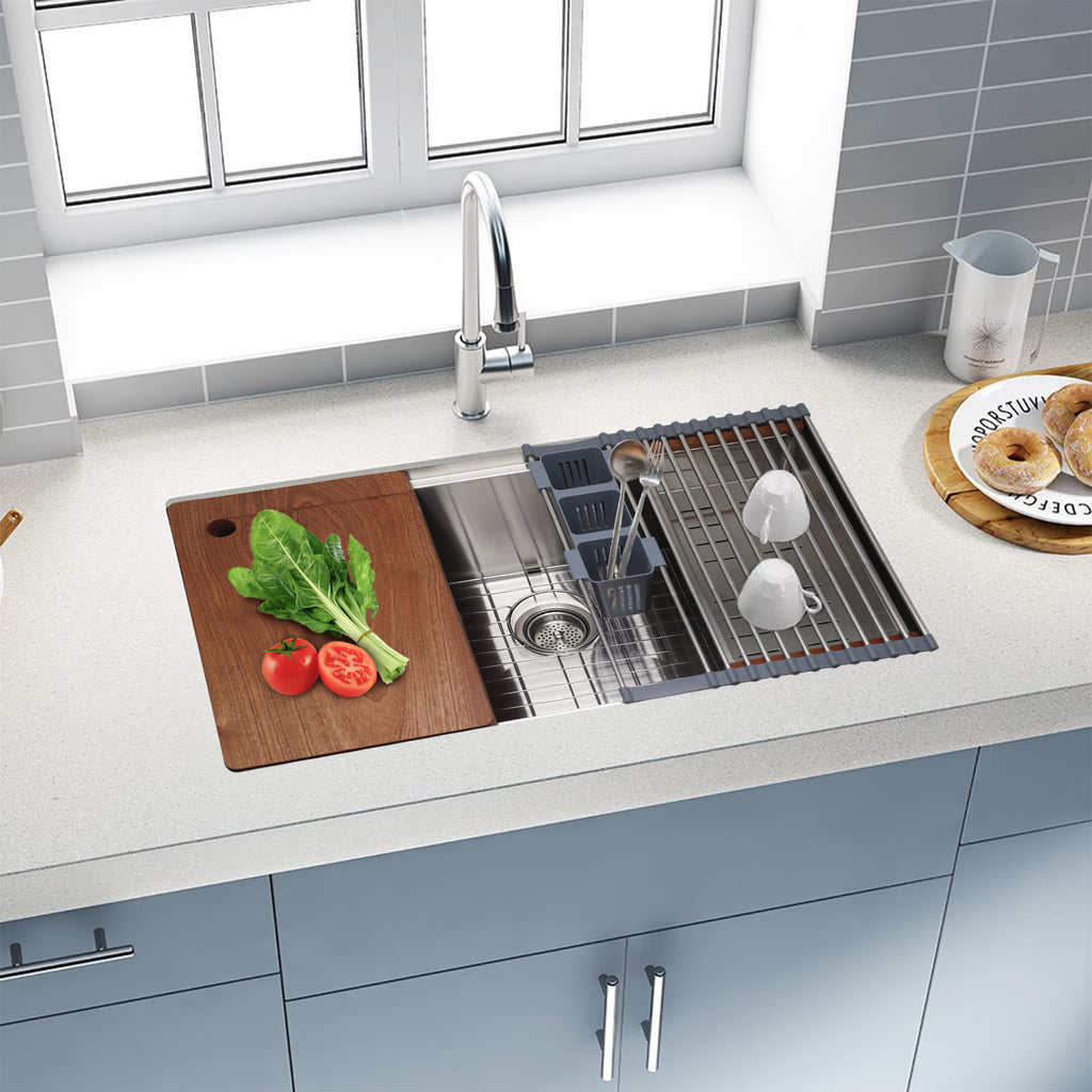 33 Inch Undermount Kitchen Sink with Quiet Drain - 11 Gauge Stainless Steel Sink Single Bowl - Multifunctional Handmade Modern Integrated Ledge Workstation