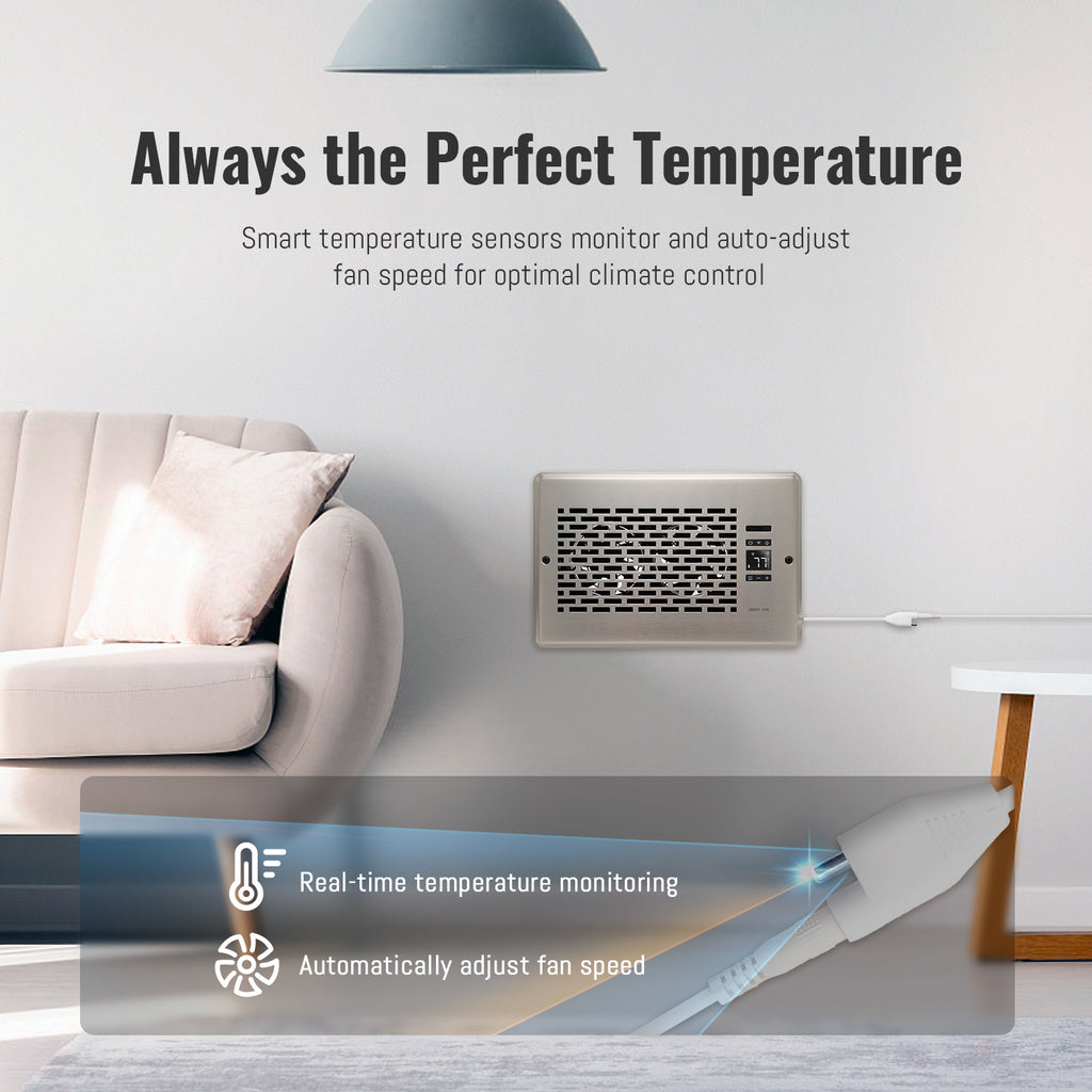 Register Booster Fan for 6" x 10" Register Holes, Quiet Vent Fan Booster with Intelligent Thermostat, Improves Heating Cooling, App Control, 10-Speeds, Manhattan Smart Register Vent, SN