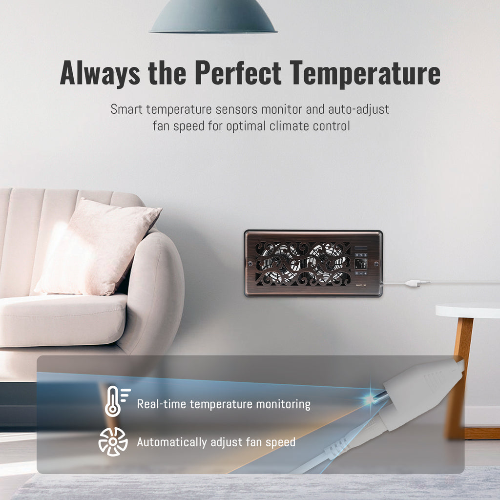 Vent Fan Booster 4" x 10" Quiet Register Booster Fan with Upgraded Thermostat Control - Charleston Design - Enhance Airflow for Heating, Cooling in Room - Oil Rubbed Bronze