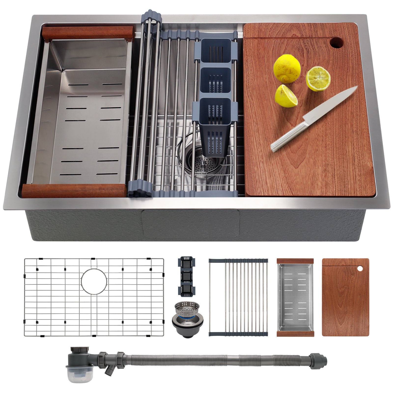33 Inch Undermount Kitchen Sink with Quiet Drain - 11 Gauge Stainless Steel Sink Single Bowl - Multifunctional Handmade Modern Integrated Ledge Workstation