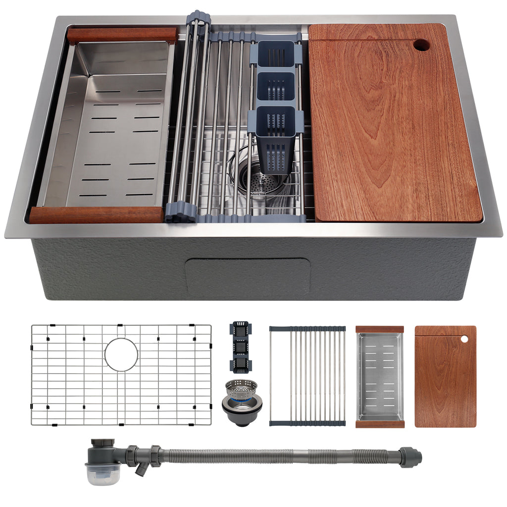 32" x 19" Multifunctional Undermount Workstation Kitchen Sink S304 Stainless Steel Handmade Modern Single Bowl Kitchen Sink with Accessories and Integrated