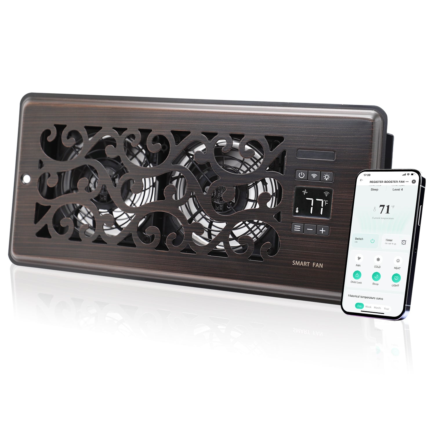 Vent Fan Booster 4" x 10" Quiet Register Booster Fan with Upgraded Thermostat Control - Charleston Design - Enhance Airflow for Heating, Cooling in Room - Oil Rubbed Bronze