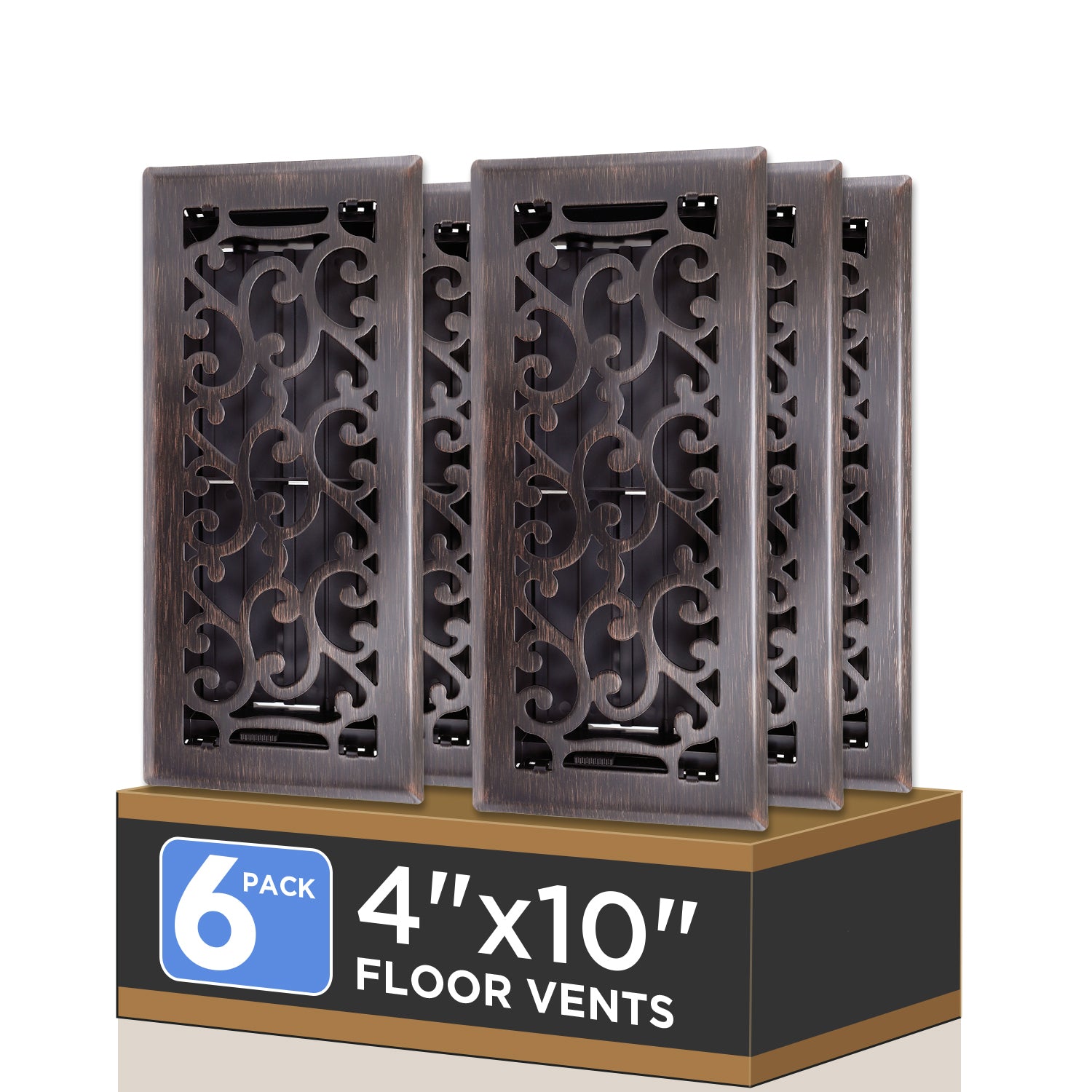 6-Pack 4x10 inch Steel Heavy-Duty Walkable Floor Registers | Easy-Adjust Lever, Boston Design Vent Covers – Oil Rubbed Bronze