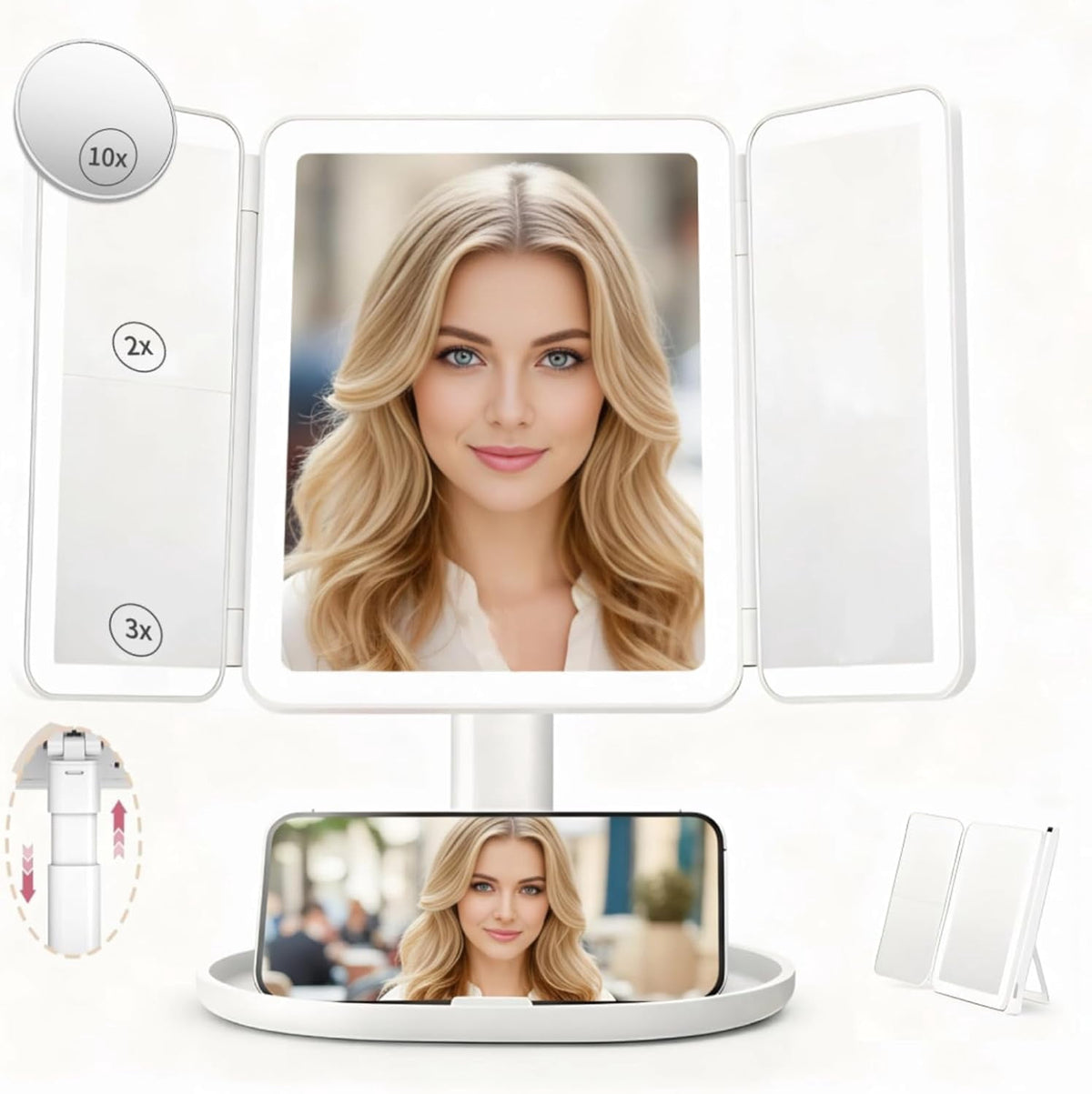 Smart Makeup Mirror with Lights - 2X/3X/10X magnification, smart sensor, adjustable brightness & stand, Type-C fast charging (3 colors). Perfect gift for women & girls.