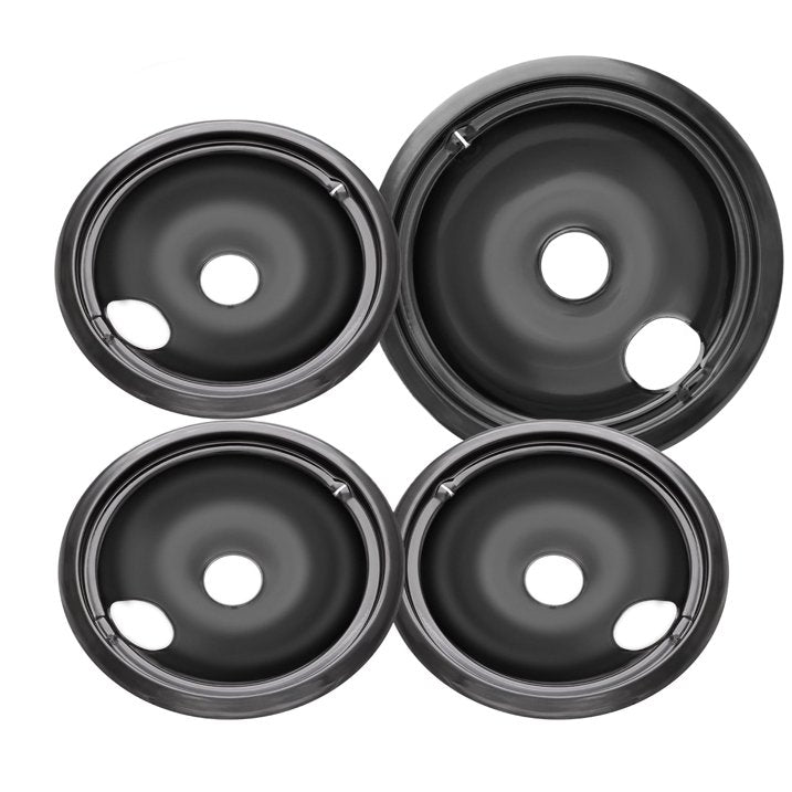 WB31M19 and WB31M20 GE Drip Pans for Electric Stove, 10% Energy Save by Enamel Spraying Prevent Bending and Rust -Includes a Set of 4 Black Stove Drip Pans（3*6+1*8）