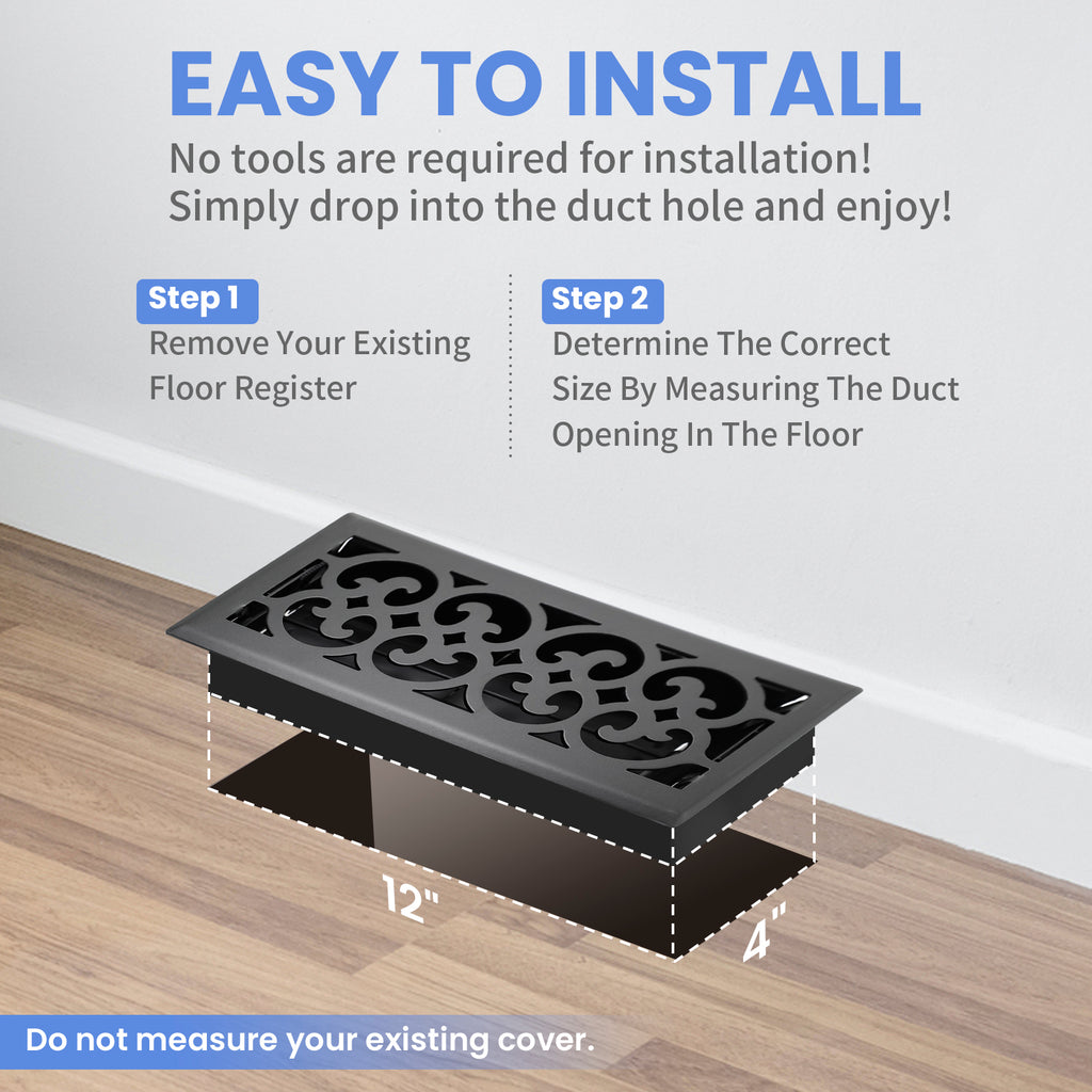 4x12 Inches Heavy Duty Walkable Floor Register Easy Adjust Air Supply Lever Floor Vents - Charlotte Design - Vent Cover for Home Floor - Matte Black