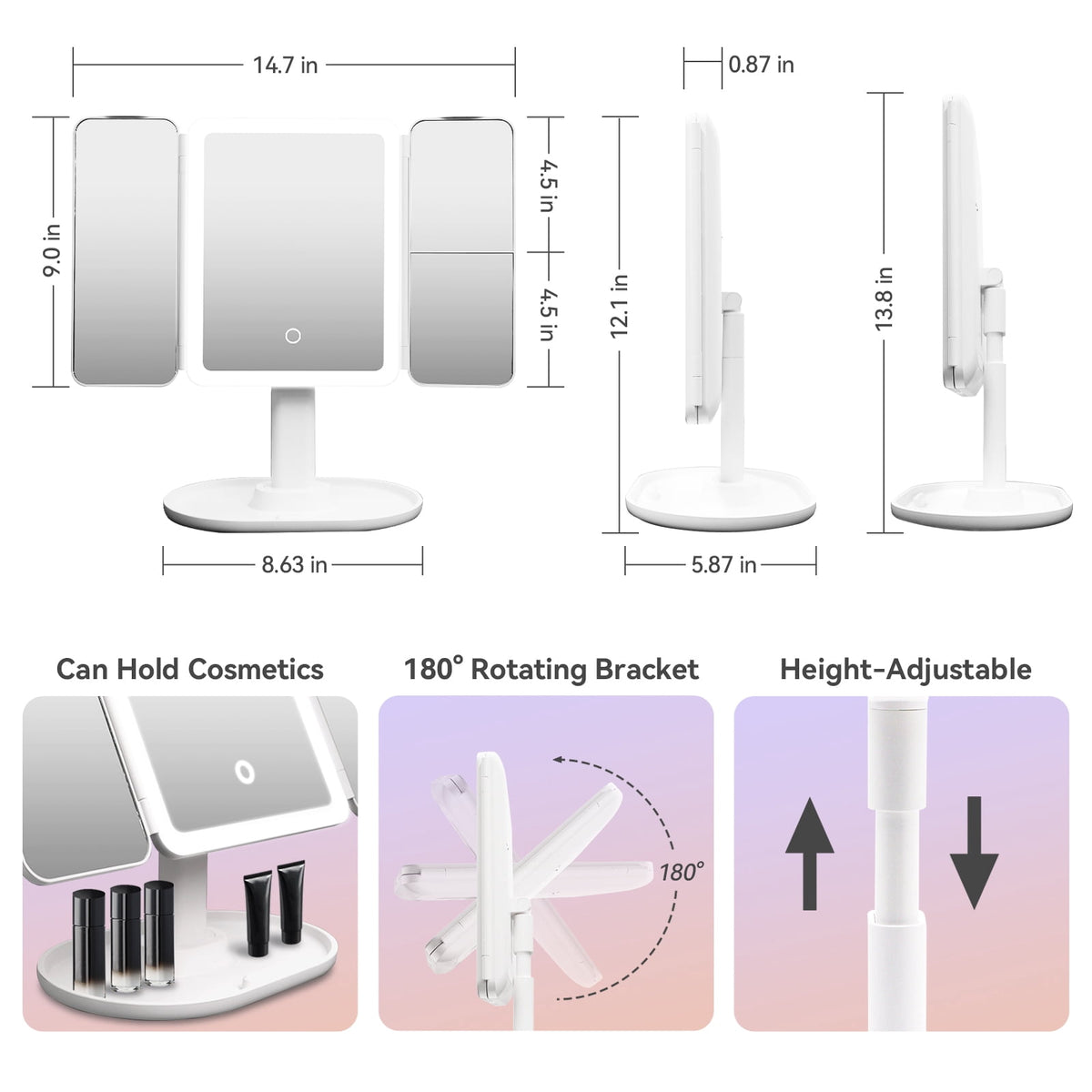 Smart Makeup Mirror with Lights - 2X/3X/10X magnification, smart sensor, adjustable brightness & stand, Type-C fast charging (3 colors). Perfect gift for women & girls.