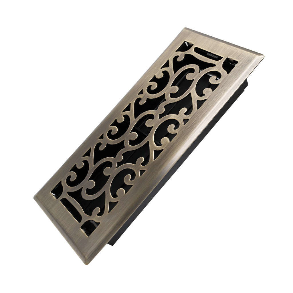 4x10 Inches Heavy Duty Walkable Floor Register - Easy Adjust Air Supply Lever Decorative Floor Vent Covers - Savannah Design Vent Covers for Home - Antique Brass