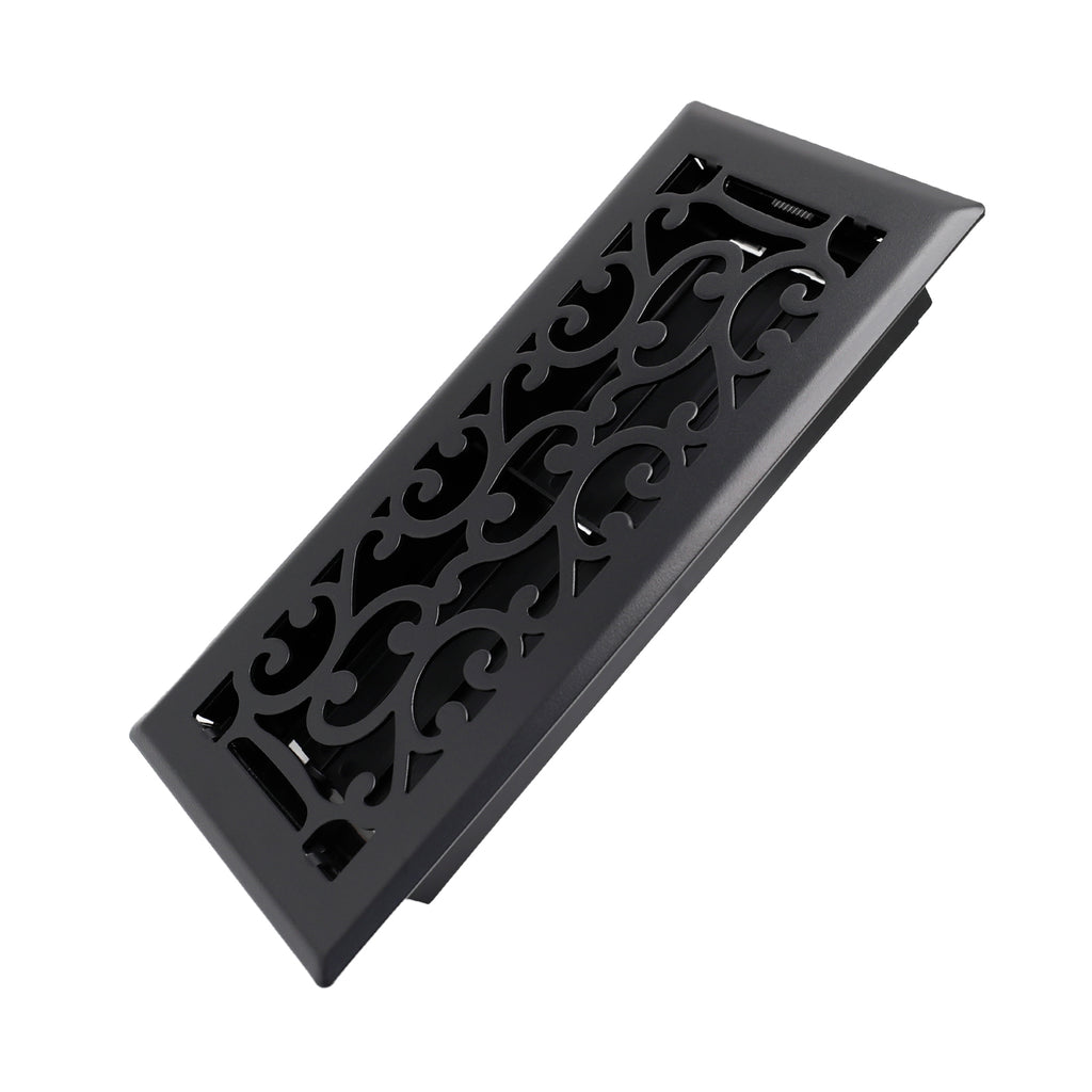 4x10 Inches Heavy Duty Walkable Floor Register - Easy Adjust Air Supply Lever Decorative Floor Vent Covers - Savannah Design Vent Covers for Home - Matte Black