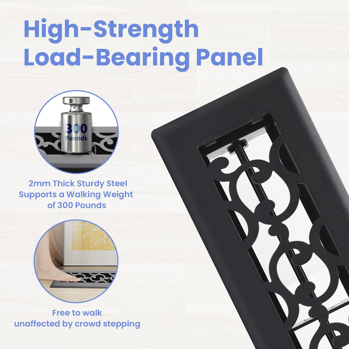 2x10 Inches 4 Pack Heavy Duty Walkable Floor Register - Easy Adjust Air Supply Lever Decorative Floor Vent Covers, Savannah Design Vent Covers for Home - Matte Black