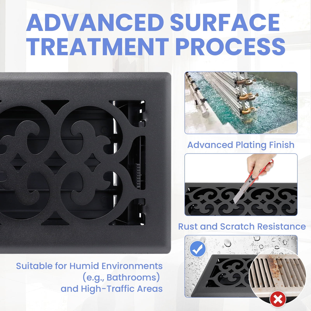 4x10 Inches 6 Pack Heavy Duty Walkable Floor Register - Easy Adjust Air Supply Lever Decorative Floor Vent Covers, Charlotte Design Vent Covers for Home - Matte Black