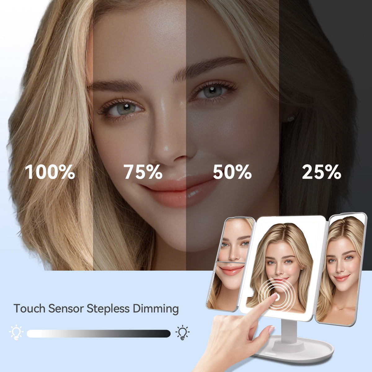 Smart Makeup Mirror with Lights - 2X/3X/10X magnification, smart sensor, adjustable brightness & stand, Type-C fast charging (3 colors). Perfect gift for women & girls.