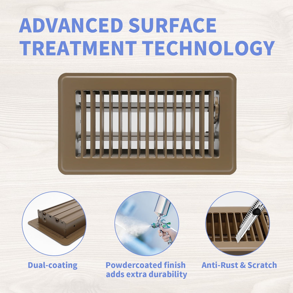 4" x 8" Floor Register 2 Pack - Floor Vent Covers Heavy Duty Metal Heat Vent Covers with Rust Proof Finish for Home Floor Heater - Brown