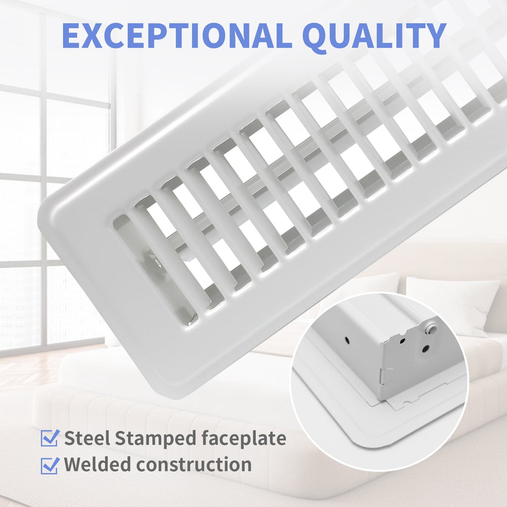 COZZIVITA 2" x 10" Floor Register - Heavy Duty Steel Walkable Floor Vents - Easy Adjust Air Supply Lever - Vent Covers for Home (White)