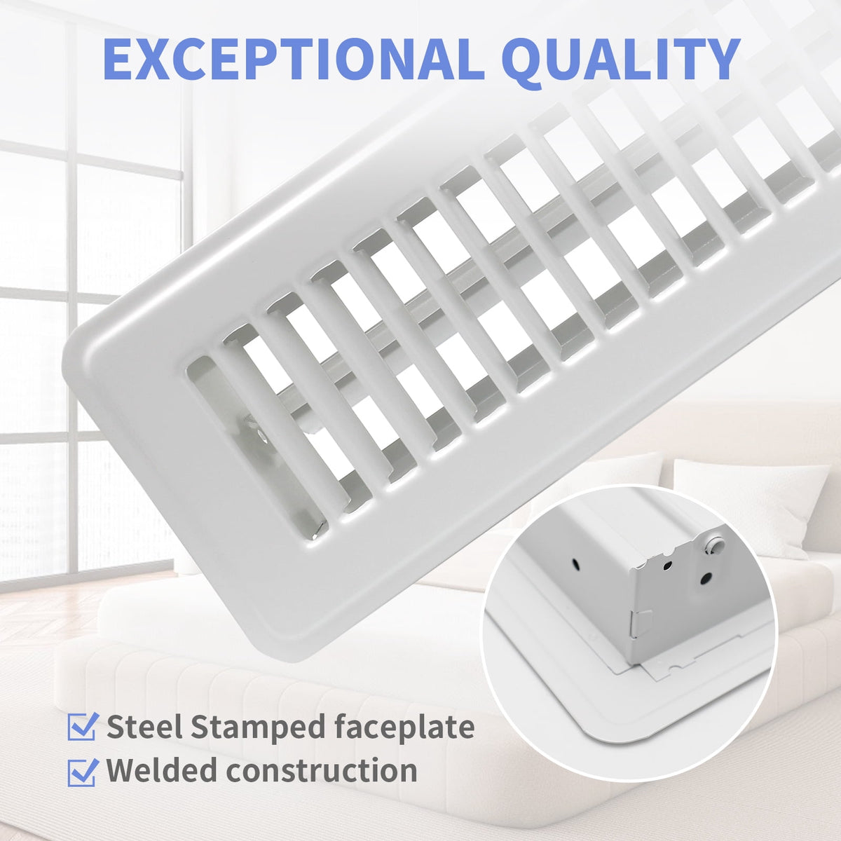 COZZIVITA 2" x 10" Floor Register - Heavy Duty Steel Walkable Floor Vents - Easy Adjust Air Supply Lever - Vent Covers for Home (White)