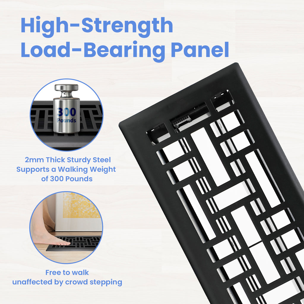 4x12 Inches 4 Pack Heavy Duty Walkable Floor Register - Easy Adjust Air Supply Lever Decorative Floor Vent Covers, Seattle Design Vent Covers for Home - Matte Black