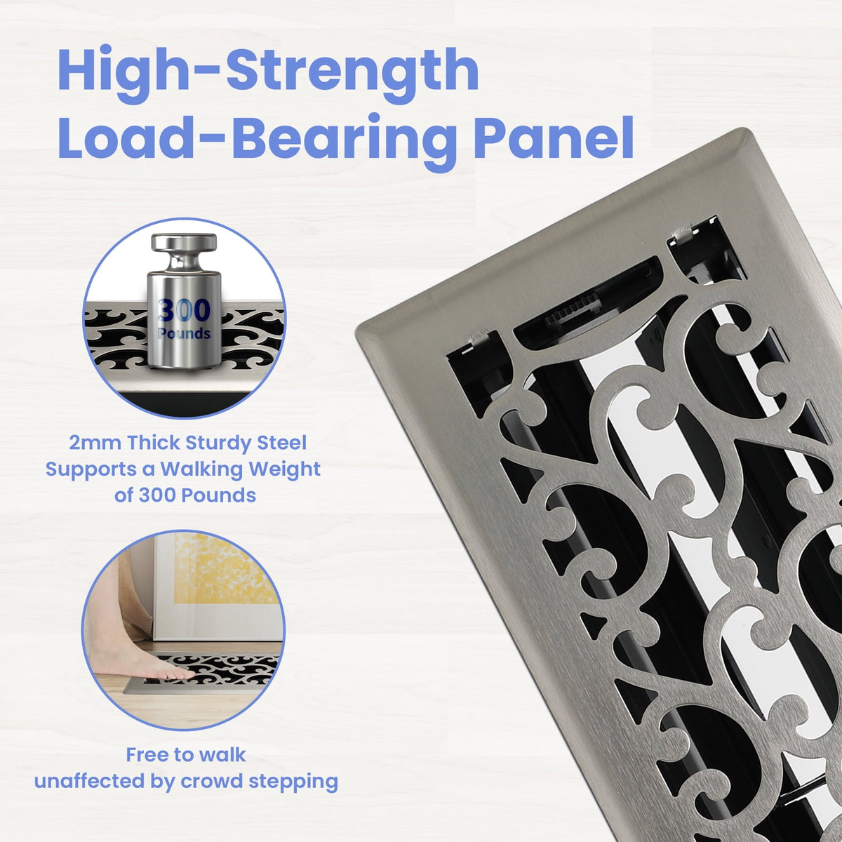 4x14 Inches N Pack Heavy Duty Walkable Floor Register Easy Adjust Air Supply Lever Floor Vents - Savannah Design - Vent Cover for Home Floor - Satin Nickel