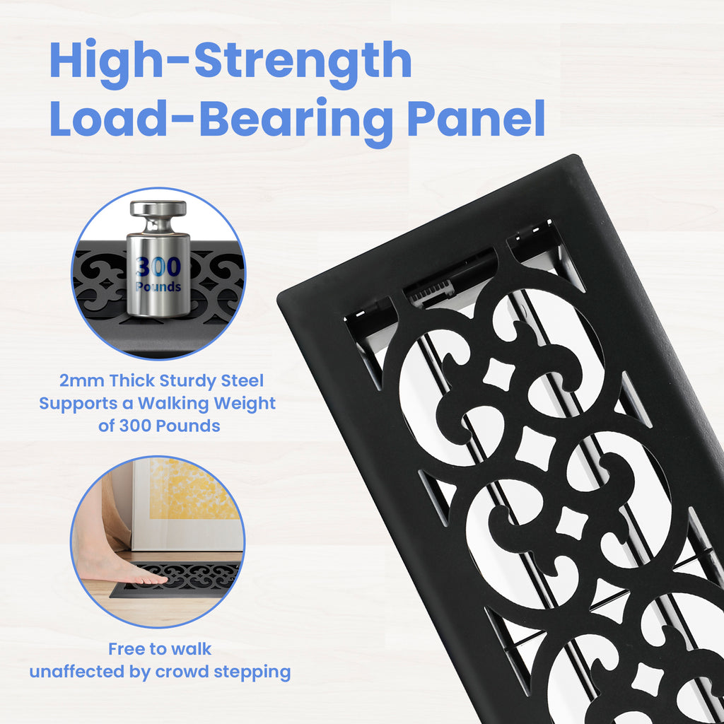 4x12 Inches Heavy Duty Walkable Floor Register Easy Adjust Air Supply Lever Floor Vents - Charlotte Design - Vent Cover for Home Floor - Matte Black